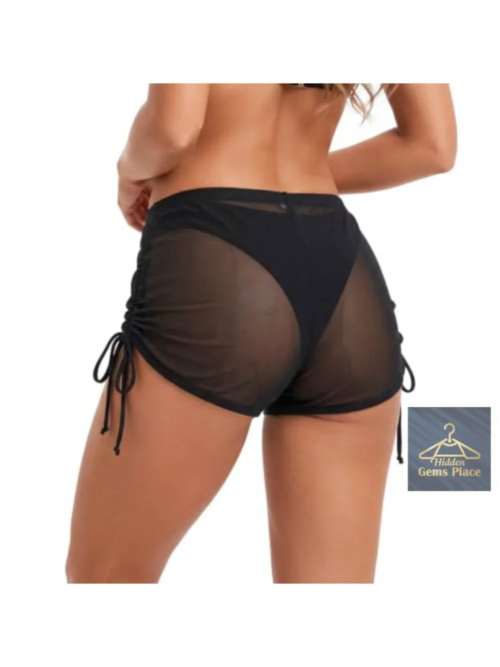 Women's Sheer Mesh See Through Swim Beach Cover Up Shorts with Drawstring